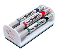 Pentel Maxiflo MWL5S – Set 4 marqueurs (N/B/R/V) tableau blanc + brosse magnétique – pointe conique