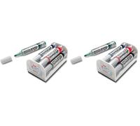 Pentel Maxiflo Brosse pour tableau blanc + 4 Marqueurs à pointe conique large Noir/Bleu/Rouge/Vert (Lot de 2)