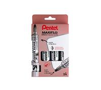 Pentel Maxiflo MWL5W/4, Pochette de 4 marqueurs tableaux blancs pointe conique ultra-large, Noir, Rouge, Bleu, Vert