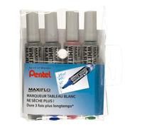 Pentel Maxiflo MWL6 Pochette de 4 Marqueurs effaçables pour tableaux blancs Pointe biseautée large Noir/Bleu/Rouge/Vert