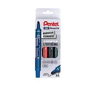 Pentel N60 Pochette de 4 Marqueurs permanents Pointe biseautée Assortis Noir/Bleu/Rouge/Vert