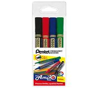 Pentel N860 Lot de 4 marqueurs permanents en plastique, 4,2 mm, noir, bleu, vert, rouge, multicolore
