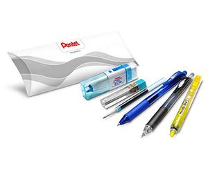 Pentel Pack Rentrée étudiants 6 pièces : 1x roller gel rétractable bleu, 1x recharge bleu, 1x surligneur rétractable jaune, 1x porte-mines, 1x étui de 12 mines HB, 1x duo gomme-ruban correcteur