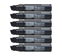 Pentel Pen N50XL Lot de 6 Marqueurs permanents pointe biseautée EXTRA-LARGE, Noir