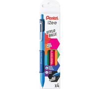 Pentel iZee BX470/4FUNNY Pochette de 4 stylos-bille rétractables avec clip en métal Bleu/vert/orange/rose