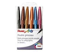 Pentel Pochette de 6 feutres pinceaux à pointe souple pour esquisse/calligraphie Couleurs assorties artist, Gris/Marron/Ocre/Orange/Bleu clair/Rose