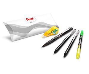 Pentel Set école/bureau/Smart Working (2 roller Energel Slim BL437 noir, 1 porte-mine 0,5 mm, 1 mini ruban adhésif, 1 surligneur)