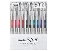 Pentel Stylo bille à encre gel, EnerGel, Infree, 0,5 mm, corps transparent, BLN75TL-10, 10 couleurs