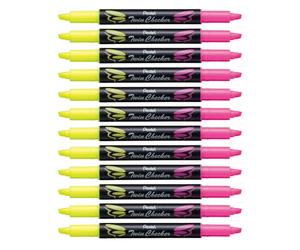 Pentel Twin Checker SLW8 Surligneur bi-pointe, Jaune et Rose, Lot de 12