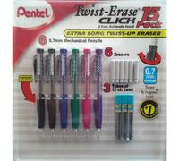 Pentel Twist Erase Click contient 6 crayons automatiques de 0,7 mm, 6 recharges de gomme extra longues et 3 tubes de 12 mines de 1 lb