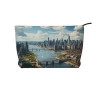 Penthouse View Over New York Manhattan Trousse de maquillage en velours côtelé Sac de voyage Sac à cosmétiques Grande pochette ouverte, Noir , Taille unique