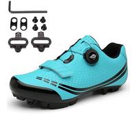 PENXZT Chaussures à Cycle pour VTT pour Hommes Chaussures de vélo de vélo de Montagne extérieur Compatible avec Les pédales SPD 2 boulons avec des Crampons de Cyclisme,Bleu,46 EU