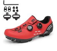 PENXZT Chaussures de Cyclisme pour Hommes Femmes Chaussures de Cyclisme VTT Compatible avec Les pédales Shimano SPD à 2 boulons avec des Crampons,Rouge,38 EU