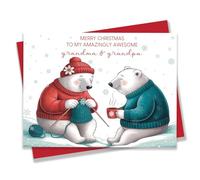 PEONYNFOX Carte de Noël « Merry Christmas To My Amazingly Awesome Grandma and Grandpa » pour grands-parents de la part de petite-fille et petit-fils - Taille 16 x 11,9 cm Intérieur vierge avec