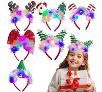 Peosaard Bandeaux de Noël pour femmes, 6 pièces, bandeau de Noël en plumes, bandeau lumineux à LED, accessoires mignons pour les fêtes, accessoires pour cheveux