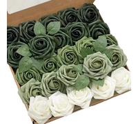 Peosaard Shades of Forest Green Rose, 25pcs Roses artificielles avec Tige, Fleurs Vertes en Mousse réaliste avec Tige pour Bouquets de Mariage Bricolage