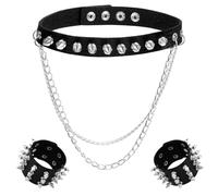 PEOVLVN Lot de 3 colliers ras du cou gothique en cuir avec 2 bracelets punk pour Noël, concerts, fêtes, spectacles, Halloween