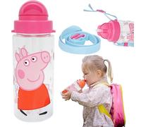 Peppa Pig Bouteille d'eau en plastique sans BPA avec paille avec sangle, 500 ml, anti-fuite, anti-déversement, pour cyclisme, course à pied, voyage, rentrée scolaire, enfants de 3 ans et plus, taille