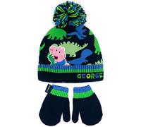 Peppa Pig Ensemble bonnet et moufles Pig George pour enfants | Bonnet et moufles d'hiver doublés, bleu et vert, motif dinosaure | Taille unique