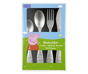 Peppa Pig Ensemble de Couverts pour Enfants 4 Pièces - Acier Inoxydable avec Couteau, Fourchette, Cuillère et Petite Cuillère - Motif Peppa Gravé, Argent - Couverts d'Apprentissage