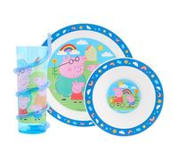 Peppa Pig Hooray Service de table pour enfants - Comprend une assiette, un bol et un gobelet à paille torsadée avec Peppa, George, Daddy Pig et Mummy Pig.