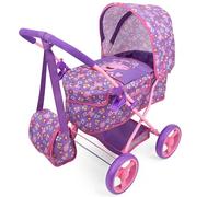 Peppa Pig: Landau et Sac pour poupée - Violet, Rose, Fleurs - Accessoire pour poupées jusqu'à 45,7 cm, Sac à bandoulière, Pliable, auvent rétractable, Enfants à partir de 3 Ans