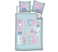 Peppa Pig Parure de Lit Enfant Réversible - Housse de Couette 140x200 cm et Taie d'oreiller 65x65 cm - 100% Polyester Doux - Certifiée Oeko-Tex Standard 100 - Motif Best Day Ever Bleu et Rose