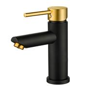 Peppermint Robinet mitigeur de lavabo noir avec levier doré brossé, robinets de lavabo modernes en acier inoxydable à levier unique avec tuyaux chauds et froids (noir et doré)
