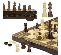 Peradix Jeu D'échecs et Dames 2 en 1, Echecs en Bois et de Dames, Jeu d'Echiquier Magnetique, Portable Chess Board de Voyage 38CM,Pieces Aimanté Echecier pour Enfants et Adultes