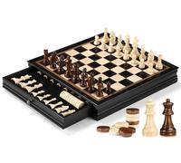 Peradix Jeu d'échecs et de dames 2 en 1 magnétique en bois de 38 cm avec tiroir de rangement et 2 pièces de dame, jouet et cadeau pour enfants (noir)