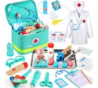 Perbabe Mallette Docteur Enfant en Bois avec Véritable Stéthoscope, Blouse et Chapeau de Médecin - Kit Médical Complet 32 Pièces - Jouet d'Imitation Cadeau pour Enfants 3 4 5 6 Ans