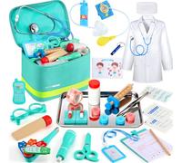 Perbabe Mallette Docteur Enfant en Bois avec Véritable Stéthoscope, Blouse et Chapeau de Médecin - Kit Médical Complet 32 Pièces - Jouet d'Imitation Cadeau pour Enfants 3 4 5 6 Ans
