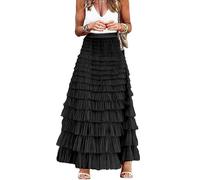 Perbai Jupe longue taille haute en tulle à plusieurs niveaux pour femme, noir, Taille M
