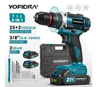 Perceuse à percussion électrique YOFIDRA 3 en 1, 25+3 vitesses de couple, perceuse à percussion sans fil portative, outil électrique pour le travail du bois, compatible avec batterie Makita 21V. 2 Bat