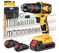 Perceuse à Percussion sans fil 21V Perceuse visseuse Sans Balais Couple 70NM 2 Vitesses 2000RPM avec 2 Batteries et 25 Accessoires