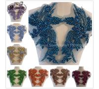 Perceuse en verre cousue à la main, 1 paire, nouvelle couleur, fleurs miroir, manteaux en strass scintillants, ceintures sur les épaules, robe de mariée, Patch DIY Sea Blue