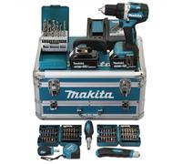 Perceuse visseuse 18V Ø13 mm - MAKITA - Avec 2 batteries LXT® 18V 5Ah + chargeur rapide + Coffret alu avec tiroir 96 accessoires -