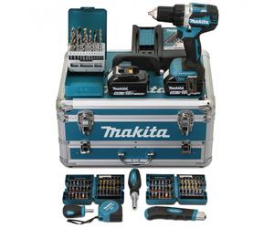Perceuse visseuse 18V Ø13 mm - MAKITA - Avec 2 batteries LXT® 18V 5Ah + chargeur rapide + Coffret alu avec tiroir 96 accessoires - DDF484RTX6