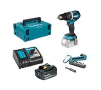 Perceuse-visseuse à percussion 18V 65 Nm DHP484ZJ + 1 batterie BL1830B + chargeur rapide DC18RC + Set de 9 embouts MAKITA