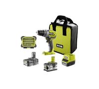 RYOBI - Perceuse sans fil 18 Volts, 2 vitesses, 50 Nm, Mandrin 13 mm, Variateur de vitesse, LED, Livrée en sac avec 1 batterie 4 Ah + 1 batterie 1.5 Ah + 31 accessoires vissage PH/PZ/SL/HEX/TX