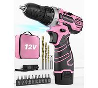 Perceuse Visseuse Sans Fil 12V Rose, Visseuse Devisseuse, Sac de Rangement, 15 Accessoires et Batterie, 25Nm, 18+1 Réglages de Couple, 2 Vitesse, Rose, pour la Bricolage Saint-Valentin
