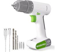 WORKPRO Perceuse Visseuse sans Fil 12V Tout-en-un avec Mandrin 10mm(3/8") et Batterie 1500mAh, Charge Facile par USB de Type C, Réglage de Couple 17 + 1, et 3 Forets en HSS et 3 Embouts à Double Tête