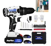 Perceuse-Visseuse Sans Fil 21V Compacte - 45Nm Percussion, 2 Vitesses, 25+1 Réglages de Couple, 2 Batterie Lithium 1.5Ah, Chargeur Rapide, 29 Accessoires, LED, Idéal Bricolage,Blanc