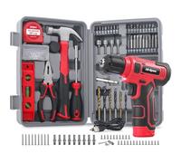 Perceuse-visseuse sans fil 8V Hi-Spec avec coffret d’outils, rechargeable USB, kit compact avec accessoires essentiels, idéale pour bricolage, réparations et entretien maison, Rouge
