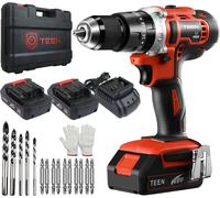 Perceuse-visseuse sans fil TEENO 20V, 2x 2.0 Ah batterie, 45 Nm, 20+3 réglages de couple, engrenage à 2 vitesses,mandrin de 13 mm, accessoires et coffret inclus