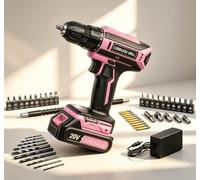 Perceuse Visseuse Sans Fil, Tournevis électrique sans fil 20V avec 25+1 Couple, Visseuse Devisseuse Couple maximal 42Nm, Lampe LED de Travail, Kit de Perceuse-visseuse de 56 pièces, Adapté DIY, Rose