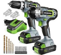 Perceuses Combi WORKPRO 20V avec 2 Batteries 2,0Ah, Perceuse Visseuse sans Fil a Double Vitesse avec 18+1 Couple, et Visseuse a Choc 130Nm, Charge Rapide en 1H, 16 Accessoires Compris