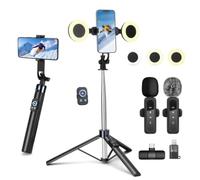 Perche à selfie 180 cm avec 2 lumières et microphone, trépied pour téléphone portable, kit de vlogging pour iPhone/Android, trépied pour smartphone, matériel de création de contenu