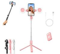 Perche à selfie 6 en 1 avec lumière de remplissage, suivi automatique du visage, trépied avec télécommande, bâtons à selfie Bluetooth 6 en 1 sans fil pour iPhone, Samsung, Android, rose