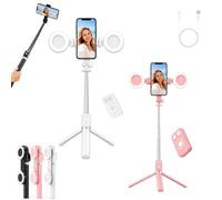 Perche à selfie 6 en 1 avec lumière de remplissage, suivi automatique du visage, trépied avec télécommande, bâtons à selfie Bluetooth 6 en 1 sans fil pour iPhone, Samsung, Android, rose + blanc